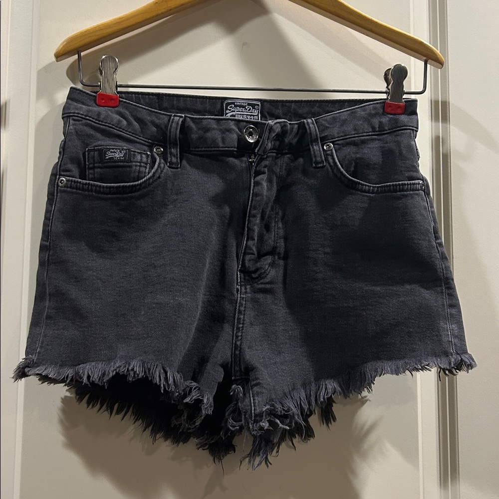 Superdry Stone Washed Frayed Fringe Hem wide leg black Jean Shorts size W28